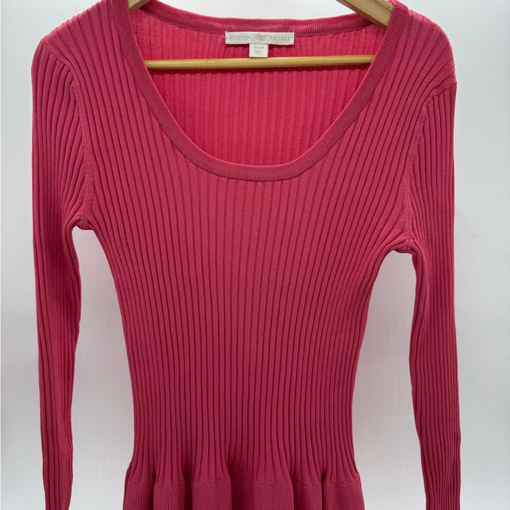 Boston Proper Deep Coral Ribbed Long Sleeve Peplum Top, Size Medium - Picture 4 of 12